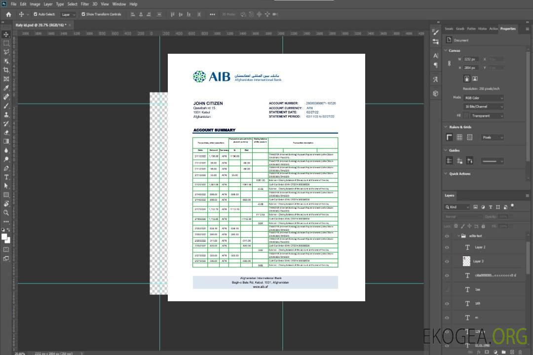 Modèle de relevé bancaire de l'Afghanistan International Bank (AIB) au format Excel et PDF template